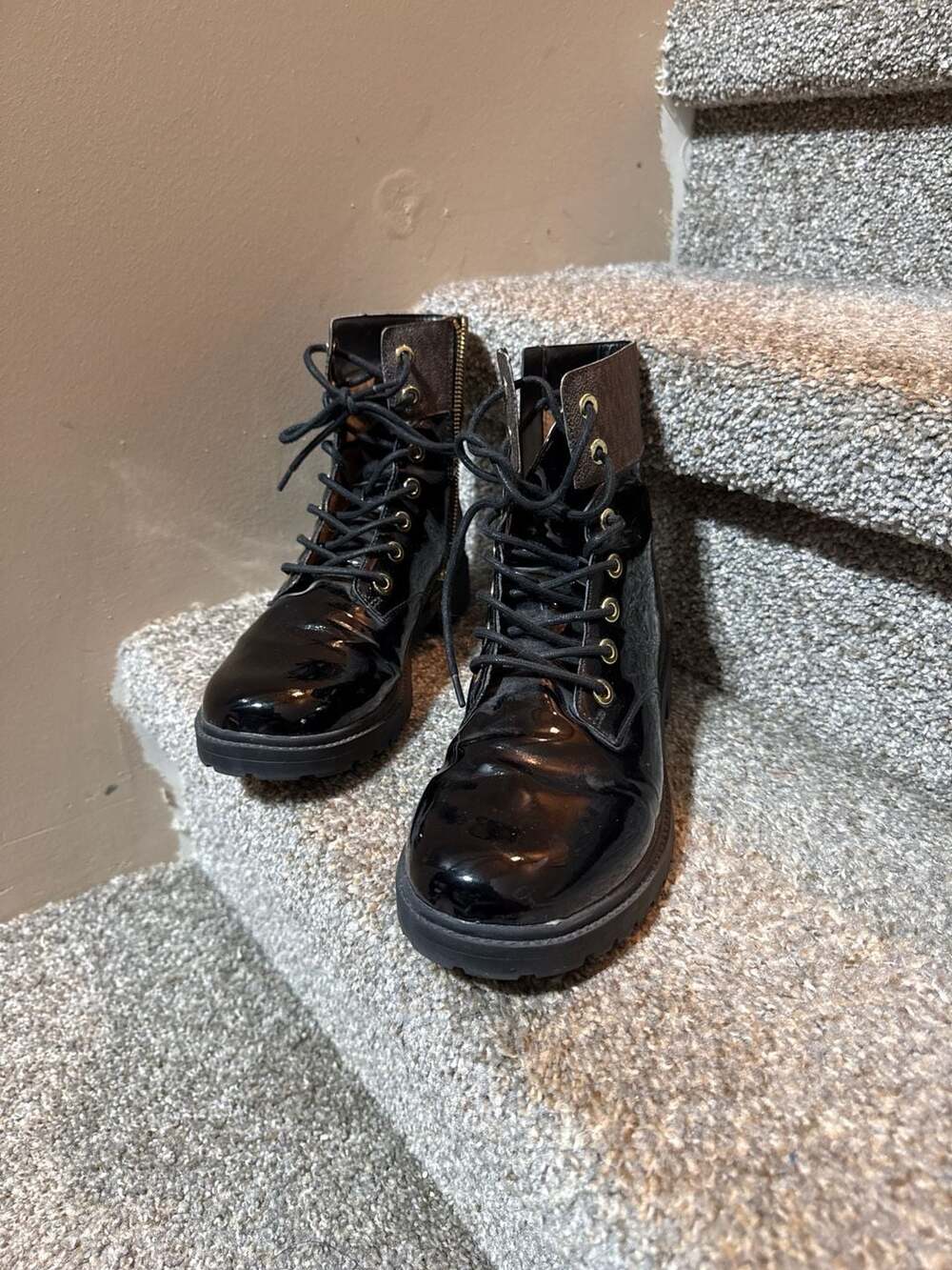 Michael Kors Corey Black Patent and Logo Combat Boots Size 9M